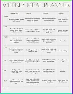 the weekly meal planner is shown in green and pink