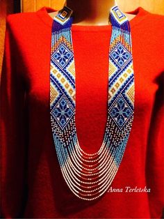 Beaded Necklace Traditional Ukrainian Necklace Gerdan - Etsy Ukraine Ukrainian Necklace, Necklace Traditional, Thread Chains, Beads Mala, Pinterest Outfits, Mala Beads, Czech Beads, Beaded Necklaces, Blue And Gold