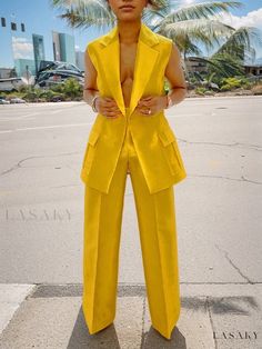 Lasaky - Fresh and Fierce Fashion Pants High Waist Workwear Sets With Pockets, High Waist Sets With Pockets For Work, Summer Pantsuit With Pockets, Summer Solid Color Pantsuit With Pockets, Yellow Full Length Pants With Pockets, Yellow Wide Leg Pants With Pockets For Work, Full Length Summer Pantsuit For Workwear, Fitted Yellow Wide Leg Pants With Pockets, Spring Pantsuit With Pockets