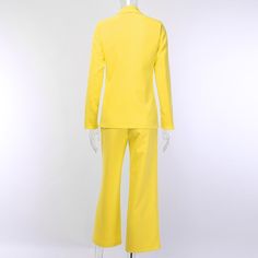 Model Number: 90369 Sleeve Style: REGULAR Collar: V-Neck Sleeve Length(cm): Full Pant Closure Type: Zipper Fly Clothing Length: REGULAR Material: Polyester Pant Length(cm): Full Length Gender: Women Style: Casual Closure Type: Hidden Breasted Pattern Type: Solid Decoration: NONE color: yellow style: fashion,casual,office,lady season: Autumn,winter Elastic: NO Thickness: Medium Spring Fitted V-neck Suits, Spring V-neck Fitted Suits, Spring Office Stretch Sets, Spring Office Suits With V-neck, Fall V-neck Office Pantsuit, Spring V-neck Pantsuit For Office, Stretch V-neck Workwear Sets, Stretch V-neck Sets For Workwear, Yellow Long Sleeve Pantsuit For Spring