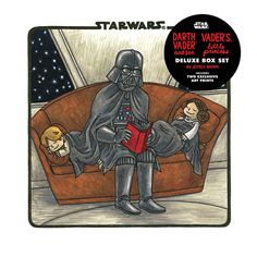 a star wars card with darth vader sitting on a couch and two children