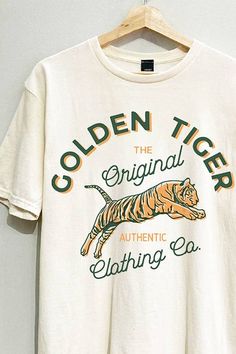 Short Sleeve Golden Tiger Oversized graphic Tee Vintage Tshirt Design, Text Codes, Graphic Shirt Design, Tiger Graphic, Golden Tiger, Animal Graphic Tee, Tiger Shirt, Tshirt Business, Design Shirts