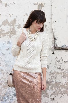 Flashback Fashion Friday #23 + 4 Ways to Wear a Sequin Skirt - Jeans and a Teacup Rose Gold Sequin Skirt, Gold Sequin Skirt, Skirt Jeans, Snowy Weather, French Girl Style, Fashion Friday, Gap Sweater, Winter Clothes, Outfit Posts