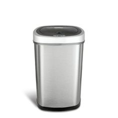 a stainless steel trash can on a white background