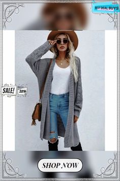 Long Cardigan Solid Color Women's Knitted Sweater Non-stretch Knit Outerwear For Fall, Trendy Knit Sweater Coat, Gray Soft Knit Sweater Coat, Casual Acrylic Sweater Coat For Fall, Long Gray Sweater For Fall, Gray Long Sweater For Fall, Gray Acrylic Cardigan For Fall, Trendy Gray Sweater For Fall, Trendy One Size Knit Cardigan