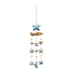 a blue and white mobile with stars hanging from it