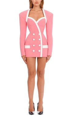 This double-breasted blazer dress in pink is perfect for a stylish young woman. The dress has a professional look that's perfect for the office, but the playful color and style make it perfect for a night out on the town, too. The dress is made of high-quality materials and construction that will last, making it a wise investment for any fashion-savvy woman. Gentle Dry Clean Only Colour may vary due to lighting on images. The product images (without model) are closest to the true colour of the p Pink Party Blazer With Button Closure, Spring Fitted Blazer Dress With Double Button Closure, Spring Mini Dress With Double Button Closure, Spring Fitted Mini Dress With Double Button Closure, Fitted Mini Dress With Double Button Closure For Spring, Pink Double-breasted Blazer For Office, Double-breasted Mini Dress For Spring Party, Spring Double-breasted Blazer Dress For Night Out, Spring Fitted Double-breasted Blazer Dress