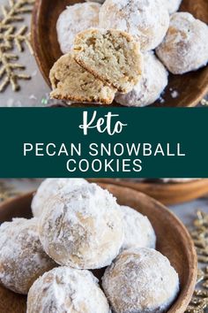 keto pecan snowball cookies in a wooden bowl