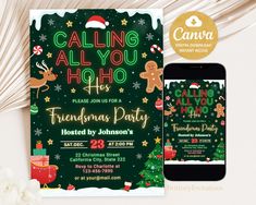 a christmas party flyer with a phone