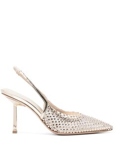 gold-tone goatskin/calf leather crystal embellishment pointed toe buckle-fastening slingback strap branded footbed 85mm stiletto heel rubber sole Butterfly Sisters, Rose Gold Accessories, Gold Pumps, Shades Of Gold, Crystal Embellishment, Bridal Shoes, Gossip Girl, Stiletto Heel, Pump Shoes