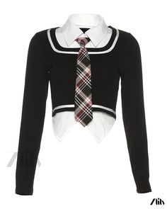 Zlily - Solid Color Slim Fit Crop Top and High Neck Long Sleeve Two-Piece Shirts Set Fitted Preppy Tops, Fitted Preppy Tops For School, Preppy Black Top For Fall, Preppy Black Cotton Top, Sleeve Stencil, Slim Fit Crop Top, High Neck Long Sleeve, Cute Tops, Types Of Collars