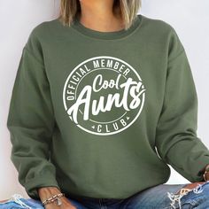 "Aunt Sweatshirt, Cool Aunts Club Sweatshirt, Aunt Gift, Aunt Birthday Gift, Sister Gifts, Auntie Sweatshirt, Aunt Sweatshirt, Cool Aunt Thank you so much for taking the time to browse my shop. Please feel free to reach out if you have any questions before or after purchasing.  💖 🎨Warning: On products with a print chart in the listing, metallic print colors are printed as matte.✨✌ We design and cut each graphic out with a soft touch, use matte vinyl and a heat press. The result will last for m Casual Cotton Sweatshirt For Birthday, Birthday Long Sleeve Tops With Lettering, Birthday Tops With Lettering And Long Sleeves, Casual Birthday Sweatshirt With Lettering, Winter Birthday T-shirt With Letter Print, Casual Sweatshirt With Lettering For Birthday, Winter Birthday Tops With Graphic Print, Winter Birthday Top With Graphic Print, Casual Graphic Print Sweatshirt For Birthday