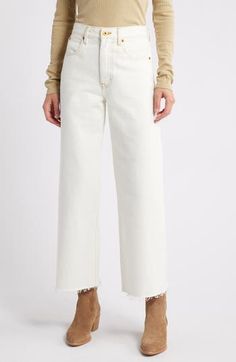 Goldtone hardware and contrast stitching elevate kicky wide-leg jeans that have frayed raw hems for added style points. 27" inseam; 22" leg opening; 12" front rise; 16" back rise (size 29) Zip fly with button closure 100% cotton Machine wash, tumble dry Made in the USA of imported fabric Chic Wide-leg Flare Jeans With Frayed Hem, High Waist Flare Jeans With Frayed Hem For Work, Chic Flare Jeans With Frayed Hem And Wide Legs, Trendy Wide-leg Jeans With Frayed Hem, Wide-leg Cotton Jeans With Frayed Hem, Wide Leg Jeans With Frayed Hem For Work, White Wide Leg Jeans With Frayed Hem, Spring Jeans With Contrast Stitching, White Relaxed Fit Flare Jeans With Frayed Hem