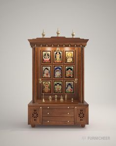 a wooden cabinet with pictures on it