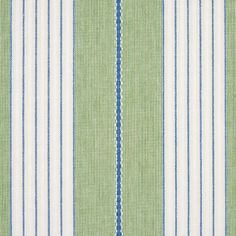 green and white striped fabric with blue stripes on the bottom, in an upholstered pattern