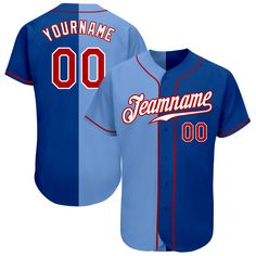 a blue and red baseball jersey with the name teamname on it, in front of a white background