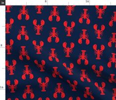 a blue and red background with lobsters on it