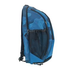 a blue camouflage print backpack with mesh pocket