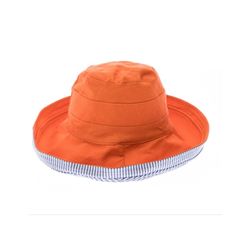 Fun shapeable hat for very small heads. Solid color cotton on one side, striped on reverse side. Brim is 3.75" wide, 3" when turned up. Removable chin strap. Packable, crushable, shapeable hat made for travel. Rated as excellent UPF 50+ sun protection hat. One size. 52 cm, 20 3/8" Hat size chart. 100% cotton Adjustable Orange Cotton Bucket Hat, Adjustable Striped Fedora Sun Hat, Striped Adjustable Fedora Sun Hat, Reversible Adjustable Brimmed Sun Hat, Adjustable Reversible Sun Hat With Short Brim, Adjustable Striped Brimmed Sun Hat, Adjustable Striped Sun Hat, Reversible Curved Brim Hat For Travel, Spring Reversible Cap Sun Hat