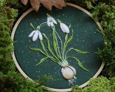 some white flowers are on a green surface