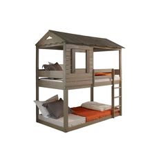 a wooden bunk bed with two sets of pillows