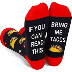 TACO SOCKSTaco socks for men. The top of the socks features tasty tacos and pepper, the bottom is sewn with a hilarious hidden message: “IF YOU CAN READ THIS, BRING ME TACOS”. All of the words are stitched directly into the socks rather than iron-on transfer, so it won't peel off. These taco gifts will make your friends giggle.SIZE & PACKINGIf you can read this socks men. Socks size 8 - 14 fit for men shoe size 7 to 13; 1 pair of burrito socks comes in each plastic zippered Happypop bag.QUAL Traditional Tacos, Taco Design, Cool Gifts For Men, Medical Socks, Radiologist Gifts, Nurse Socks, Taco Gifts, Free Mail, Food Socks