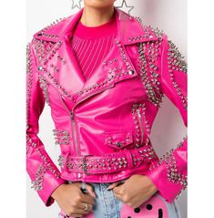 Handmade women hot pink punk style jacket, fuschia pink leather gothic rivet rock jacket, leather jacket for women, women party style jacket,women winter fashion party jacket, women winter fashion party jacket, gothic style biker jacket, studded jacket Edgy Party Outerwear With Rivets, Edgy Riveted Outerwear For Parties, Edgy Rivet-embellished Outerwear For Parties, Fitted Biker Jacket With Rivets For Party, Winter Party Biker Jacket With Rivets, Biker Style Jacket With Rivets For Party, Biker Jacket With Rivets For Party, Fall Party Biker Jacket With Rivets, Gothic Party Outerwear With Rivets