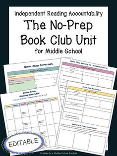 Looking for a fun and engaging way to get your middle school students talking about their independent reading? No problem! Just download, print, and go! This fun and creative book club unit for middle school readers includes all you need to engage your students in literature-based discussions. This unit is designed for bi-weekly meetings over the course of four weeks. This download includes printable PDF files AND links to copy and edit the resources in your Google Drive.This download includes:a Middle School Book Club Ideas, Independent Reading Accountability, Reading Accountability, Book Club Names, Book Club Activities, Middle School Books, High School Library, Reading Unit, Middle School Lessons