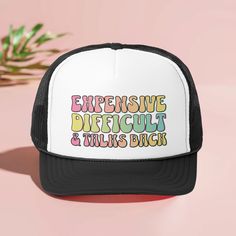 This funny "Expensive Difficult And Talks Back" summer trucker hat comes with a cheeky and sassy phrase that reflects your personality. Whether it's a witty quip or a fierce slogan, these hats do the talking for you. Let your headwear express your mood, attitude, and unapologetic confidence. ♥ Product details: .: Sold separately .: Material: 100% polyester foam front with 100% nylon mesh weave back .: One size fits most (22.8"/58cm) .: Adjustable snap closure ♥ Shipping: A tracking number will b Funny Black Trucker Hat With Letter Print, Retro Trucker Hat With Letter Print, Funny Snapback Hat With Letter Print, Funny Black Snapback Trucker Hat, Funny Trucker Hat With Letter Print, Funny Hats With Letter Print, Funny Letter Print Trucker Hat, Funny Adjustable Trucker Baseball Cap, Funny Adjustable Trucker Hat