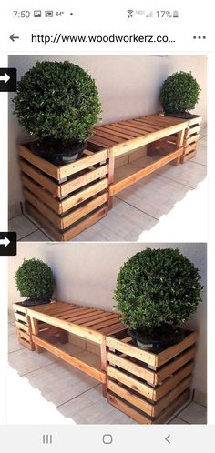 two pictures of a bench made out of wooden pallets with plants growing on top