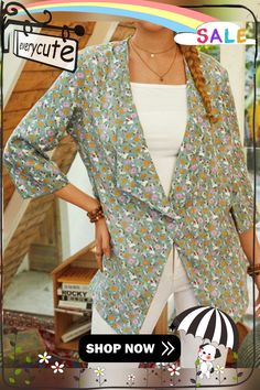 Bohemian Floral Print 3/4 Length Sleeves Casual Jacket for Women Casual Half-sleeve Spring Outerwear, Casual Half Sleeve Spring Outerwear, Casual Spring Outerwear With Half Sleeves, Casual Half Sleeve Outerwear For Spring, Casual Half Sleeve Fall Outerwear, Printed Long Sleeve Blazer For Fall, Green Printed Spring Outerwear, Green Printed Outerwear For Spring, Casual Printed Fall Blazer