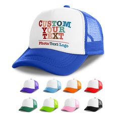 a trucker hat with multiple colors and the words, custom your text on it