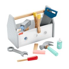 a toy toolbox with tools in it on a white background, including hammers and wrenches