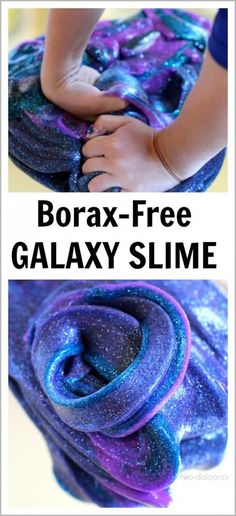 two pictures with the words borax - free galaxy slime on them and an image