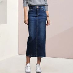 Introducing our Women's Denim Long Jeans Skirts, perfect for adding a touch of effortless style to your everyday wardrobe. Made with high-quality denim fabric, these skirts offer durability and comfort, while still being fashionable. Here are some features and benefits to keep in mind: High-quality denim material: Our skirts are made with top-of-the-line denim fabric, which is known for its durability and longevity. This means you can wear them for years to come without worrying about them weari Non-stretch Mid-rise Denim Blue Skirt, Non-stretch Denim Blue Straight Leg Skirt, Non-stretch Mid-rise Medium Wash Skirt, Casual Non-stretch Dark Wash Skirt, Dark Wash Stretch Skirt With Straight Leg, Dark Wash Straight Leg Stretch Skirt, Blue Non-stretch Mid-rise Denim Skirt, Full Length Non-stretch Denim Blue Denim Skirt, Casual Stretch Denim Skirt In Denim Blue