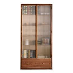 a wooden book case with glass doors and bookshelves on the front, against a white background