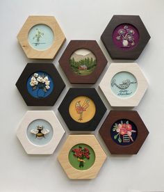 six wooden hexagons with images of flowers and insects on them, all painted in different colors