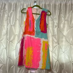 Worn Once And Loved It! In Good Condition Colorful Mini Dress With Vibrant Print For Spring, Vibrant Spring Dresses With Multicolor Print, Vibrant Multicolor Print Dress For Spring, Chic Printed Pink Dresses, Vibrant Multicolor Spring Dresses, Pink Dress With Colorful Pattern For Spring, Pink Dress With Colorful Pattern, Chic Pink Printed Dress, Pink Dresses With Colorful Pattern