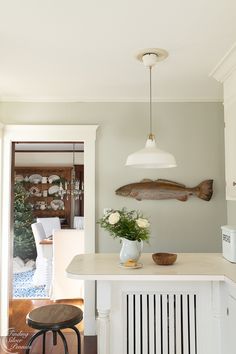 a white kitchen with an island in the middle and wooden fish on the wall above it