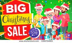 big christmas sale banner with family and presents in front of the red sign, surrounded by confetti