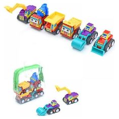 a toy train with cars and trucks is shown in three different positions on a white background