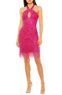 Sequins, beads and stunning fringe make this minidress a scene-stealing option for your next occasion. 35" length Halter neck Sleeveless Lined 100% polyester Spot clean Imported Cute Hoco Dresses, Junior Formal Dresses, Junior Party Dresses, Dama Dresses, Navy Blue Bridesmaid Dresses, Fringe Mini Dress, Burgundy Prom Dress, New Years Eve Dresses, Western Chic