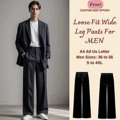 Men Wide Leg Pants Sewing Pattern, Pants Trousers PDF Sewing, Loose Fit Pants For Men, Wide Leg Men Jeans Pattern, Men Size: 36 to 56 S-4XL Standard Sizes ;36,38,40,42,44,46,48, 48, 50, 52, 54,56 These patterns are suitable for A0- A4, and US Letter size papers. As soon as your payment is processed, you will automatically receive download links for the pattern files. *PLEASE NOTE that you will only be able to download the files from a computer; they will not work on a phone or iPad.* This is a d Man Pants Pattern, Mens Wide Leg Pants Outfit, Trousers Men Outfit, Wide Leg Pants Sewing Pattern, Mens Wide Leg Trousers, Men Wide Leg Pants, Sewing Pattern Pants, Mens Wide Leg Pants, Dress Pants For Men