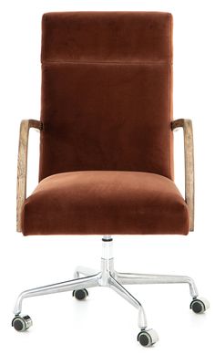 an office chair with wheels on the back and seat upholstered in brown velvet