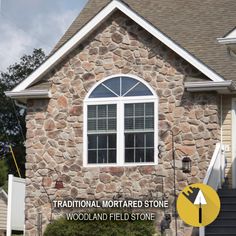 there is a stone building with a white arrow pointing to the right and another sign that says traditional, mortared stone woodland field stone