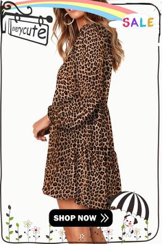 Leopard Ruffle V-neck Flowy Loose Tunic Dress Leopard Print Dress With Ruffles For Fall, Fall Leopard Print Dress With Ruffles, Brown V-neck Midi Dress With Ruffles, Flowy V-neck Batik Print Dress, Brown V-neck Ruffled Midi Dress, Flowy Printed V-neck Tunic, Leopard Print V-neck Maxi Dress For Vacation, Brown V-neck Mini Dress With Ruffle Hem, V-neck Leopard Print Mini Dress For Day Out