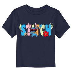 Ohana means family, and family means no tee gets left behind! Find the perfect style for your little one with this officially licensed Toddlers' Disney Lilo & Stitch Colorful Tropic Ukulele Stitch Graphic T-shirt! This fun design features Stitch wearing sunglasses while playing the ukulele and his name printed in the background in colorful letters with tropical plants and flowers. Celebrate a certain alien, otherwise known as Experiment 626 with new fabulous apparel from the incredible movie! Blue Family Matching T-shirt With Character Print, Blue Family Matching T-shirt With Cartoon Print, Family Matching Blue T-shirt With Cartoon Print, Blue Short Sleeve Themed Tops, Playful Blue Relaxed Fit T-shirt, Tropical Plants And Flowers, Experiment 626, Ohana Means Family, Wearing Sunglasses