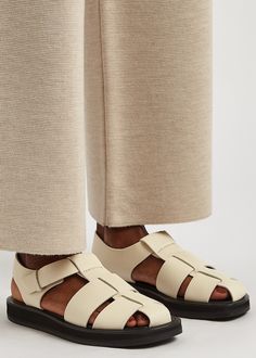 Long Description#Info & Care# The Row grained leather sandals Caged design, rubber sole, almond toe Buckle-fastening ankle strap #Size & Fit# Only available in full sizes go up to the nearest whole size if you take a half size Fisherman Sandals Outfit, Cocktail Accessories, Sandals Outfit, Fisherman Sandals, Savile Row, Vogue Korea, Go Up, Winter Essentials, Men's Beauty