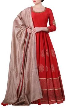 Shop for Samant Chauhan Beige Cotton Silk Printed Anarkali With Dupatta for Women Online at Aza Fashions Red Anarkali, Anarkali With Dupatta, Samant Chauhan, Tonal Prints, Printed Anarkali, Floral Block Print, Embroidered Neckline, Anarkali, Cotton Silk