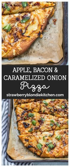 an apple, bacon and caramelized onion pizza on a sheet of parchment paper